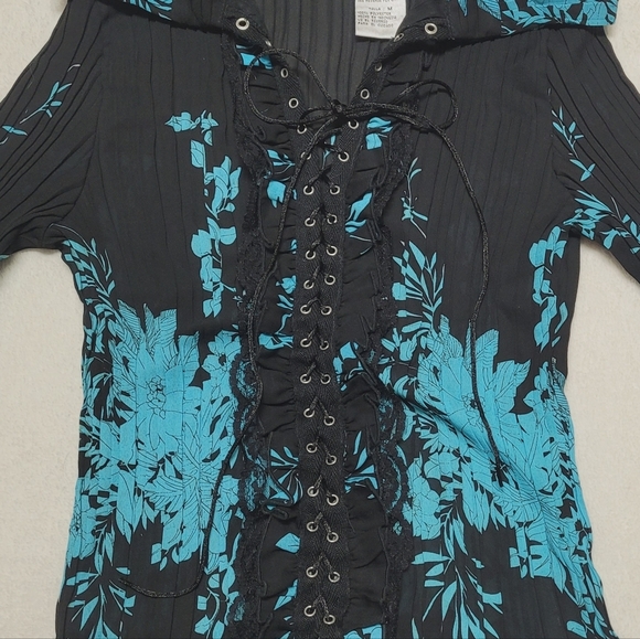 Gothic Vintage Lace-up Corset Black Teal Long Flare Sleeve Plisse Pleated Blouse - Picture 4 of 11